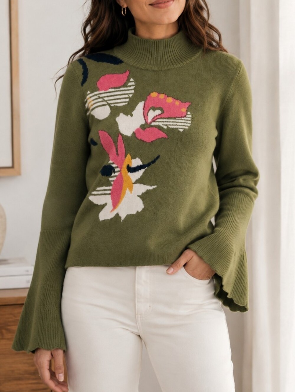 Anthropologie Knitted & Knotted Olive Floral Bell Sleeve Sweater